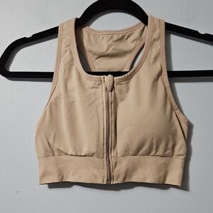 Tan Zip-Front Sports Bra Size S With Removable Pads